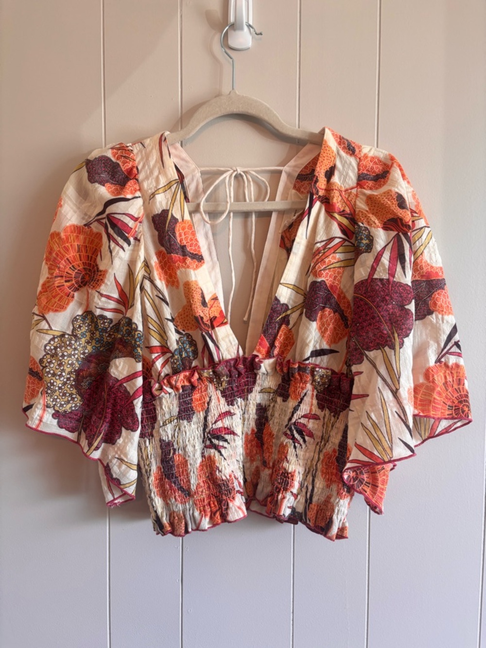 Anthropologie Floral Tie-Back Smocked Waist Women's Top in Cream and Orange